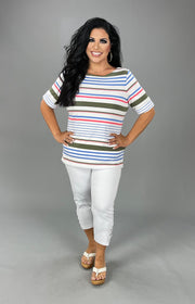 PSS-A M-109 {Karen Scott} White Multi Striped Top Retail $36.50 PLUS SIZE
