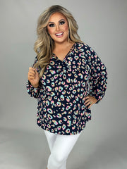 14 PLS {Trying My Best} Navy/Pink/Teal Leopard V-Neck Top