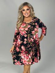 55 PQ-C {Floral Fate} Black Pink Floral Printed Dress PLUS SIZE 1X 2X 3X