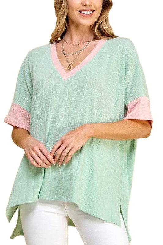 74 CP {Let's Get Honest} Mint/Peach Ribbed V-Neck Top PLUS SIZE 1X 2X 3X