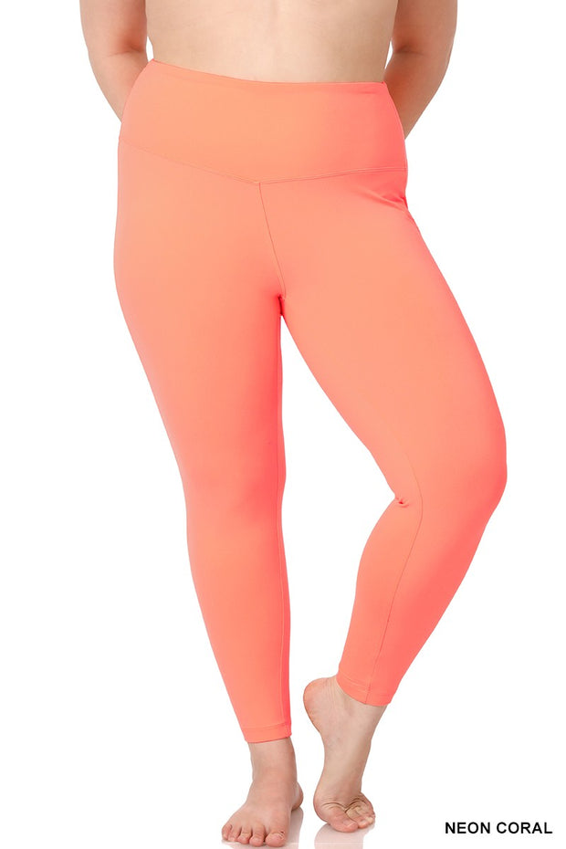 LEG-70 {Sporty Vibe} Neon Coral Wide Waistband Leggings PLUS SIZE 1X 2X 3X