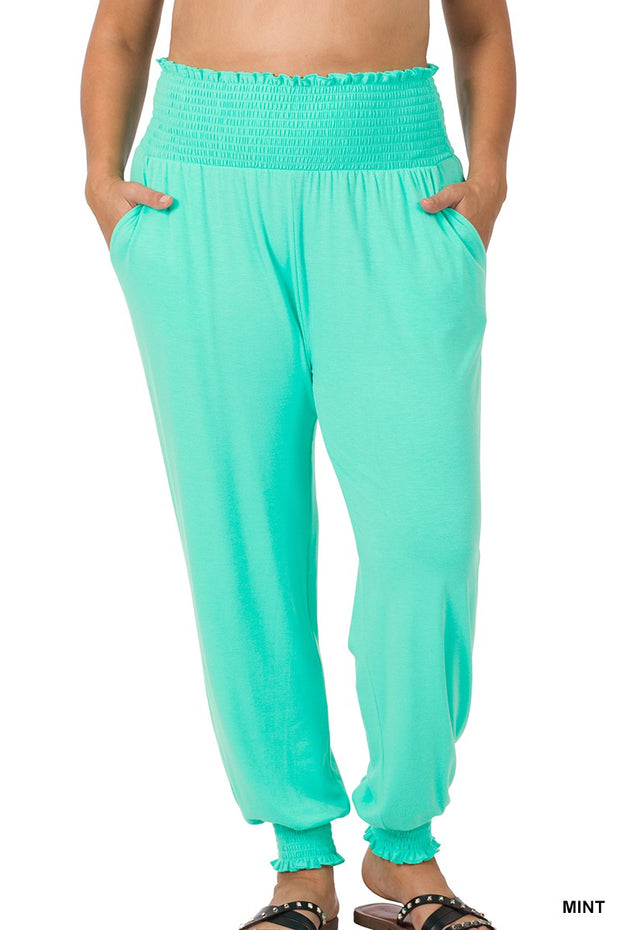 LEG-58 {Fast Forward Mint Smocked Waist Jogger Pants PLUS SIZE 1X 2X 3X