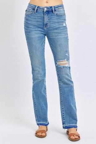 LEG-118 {Judy Blue} Med Blue Destroy Frayed Hem Bootcut Jeans EXTENDED PLUS SIZE 14 16 18 20 22 24
