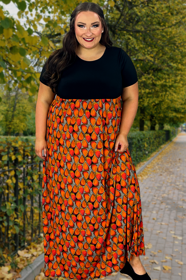 LD-D {Fall Festival) } Black & Orange Print Maxi Dress PLUS SIZE 1X 2X 3X