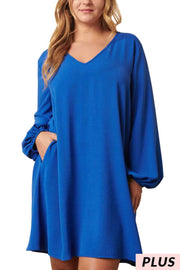 47 SQ {Taking Charge} Royal Blue V-Neck  Bubble Sleeve Dress PLUS SIZE XL 1X 2X