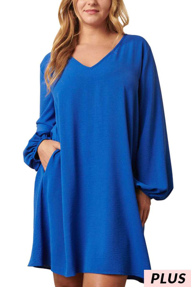 47 SQ {Taking Charge} Royal Blue V-Neck  Bubble Sleeve Dress PLUS SIZE XL 1X 2X
