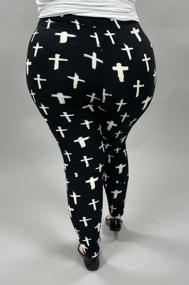 LEG-49 {Still Standing Strong} Cross Printed Black Leggings EXTENDED PLUS SIZE 3X/5X