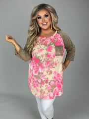 98 CP-A {Work For You} Bright Pink Floral Mocha Lace Sleeve Top PLUS SIZE 1X 2X 3X