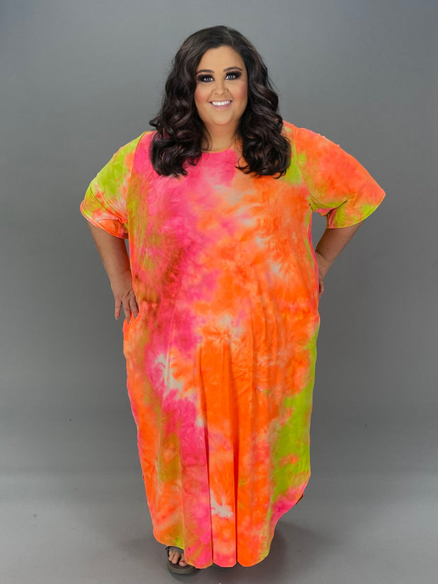 LD-V {Worth The Effort}  Orange/Lime Tie Dye Maxi Dress  PLUS SIZE XL 2X