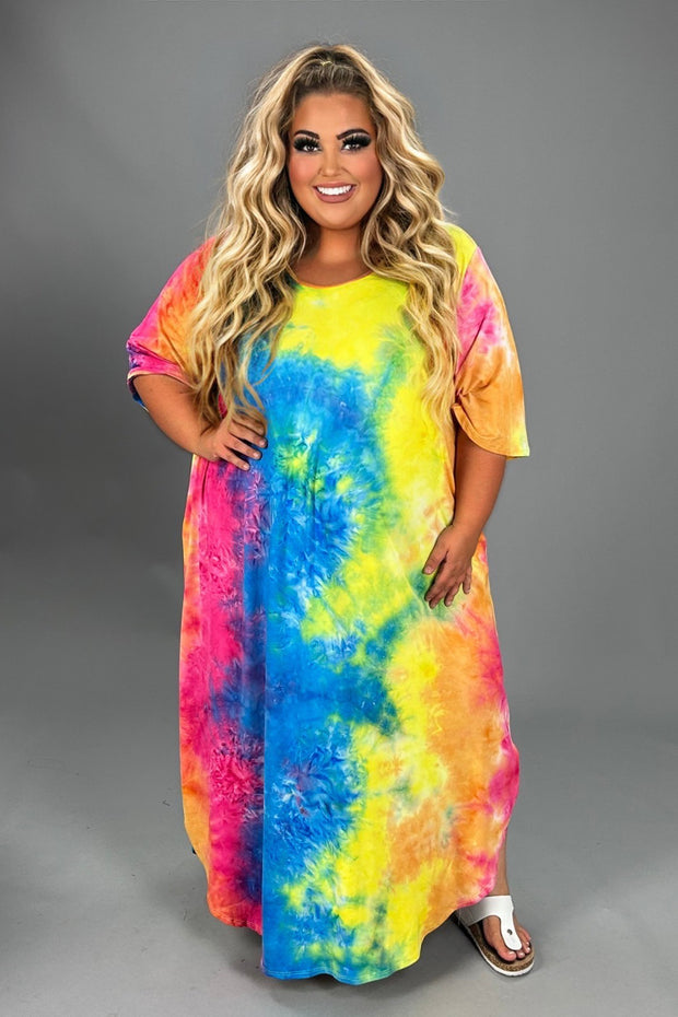 LD-T {Free To Flirt} Fuchsia/Blue Tie Dye Maxi Dress  PLUS SIZE XL 2X 3X