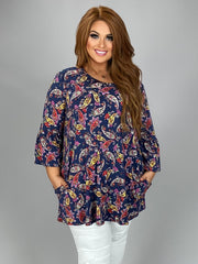 PQ-M {Simple Country LIfe}  Navy Tunic  W/Multi Color Paisley Print PLUS SIZE 1X 2X 3X