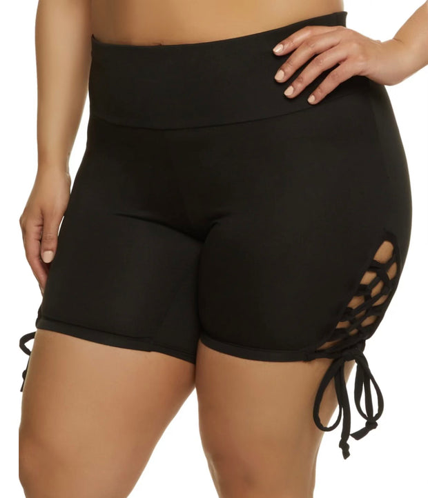 LEG-46 {Comfy Laces} Black Lace-Up Side Bike Shorts EXTENDED PLUS SIZE 4X
