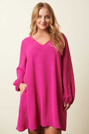 47 SQ {Taking Charge} Magenta V-Neck Bubble Sleeve  Dress PLUS SIZE XL 1X 2X