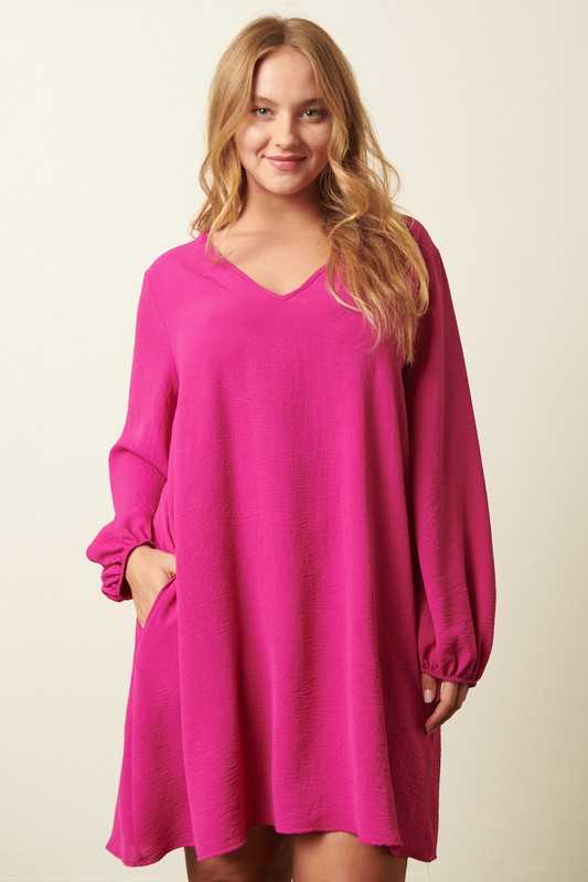47 SQ {Taking Charge} Magenta V-Neck Bubble Sleeve  Dress PLUS SIZE XL 1X 2X