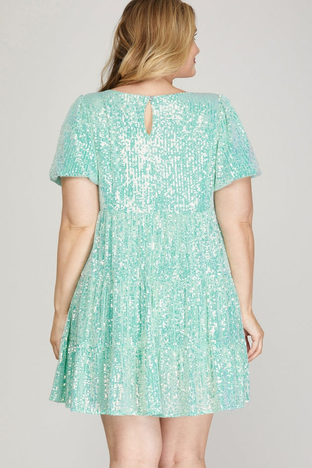 27 SSS {Not Playing Anymore} Aqua  Sequin Tiered Lined Dress PLUS SIZE XL 1X 2X