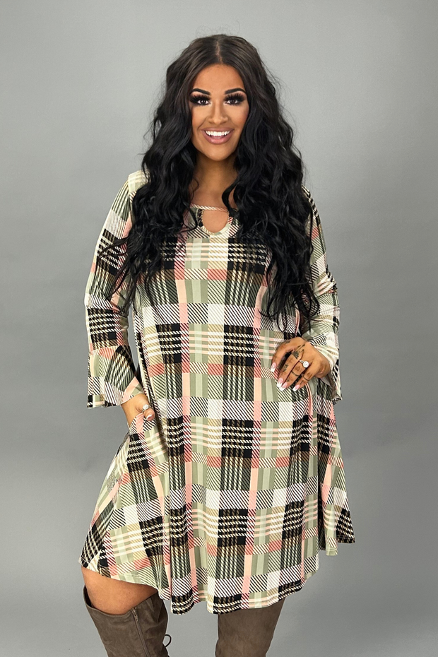 PQ-Q {Finding My Way} Olive/Peach Plaid Keyhole Dress PLUS SIZE
