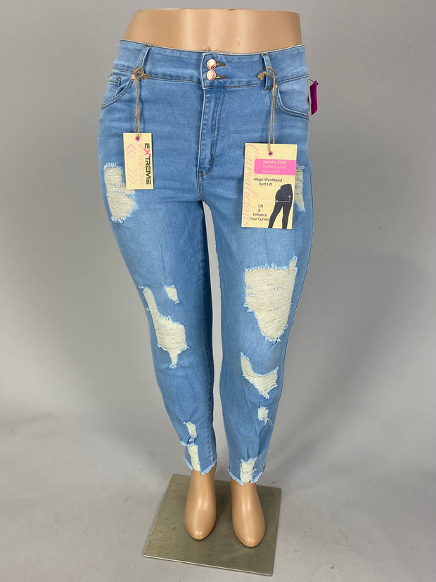 BT-G {Curvalicious} Light Blue Magic Waistband Butt Lift Distressed Jeans PLUS SIZE 22