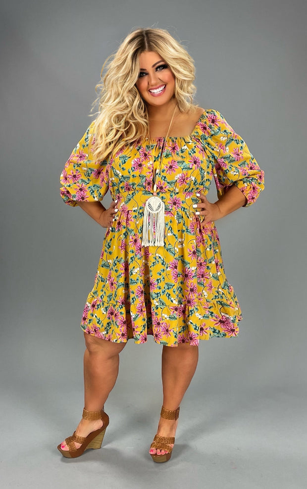 45 PSS-A {Lovely Blossoms} UMGEE Mustard  Floral Dress PLUS SIZE XL 1X 2X