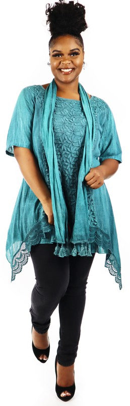 54 SET  {Completely Content} Teal Floral Detail Top w Scarf PLUS SIZE 1X 2X 3X