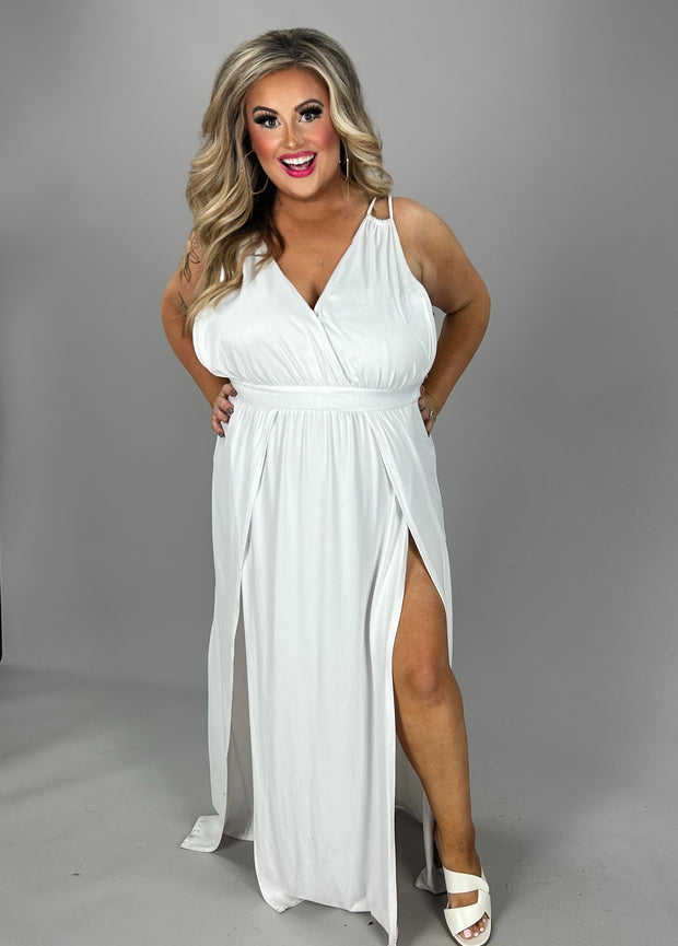 LD-S {Goddess}  White V-Cut Dress With Slit And Waistband
