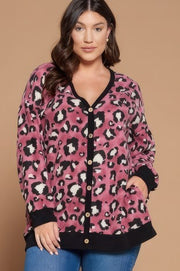 93  OT {Pretty Ideal} Pink Leopard V-Neck Top w/ Buttons Detail PLUS SIZE XL 2X 3X