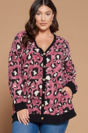 93  OT {Pretty Ideal} Pink Leopard V-Neck Top w/ Buttons Detail PLUS SIZE XL 2X 3X