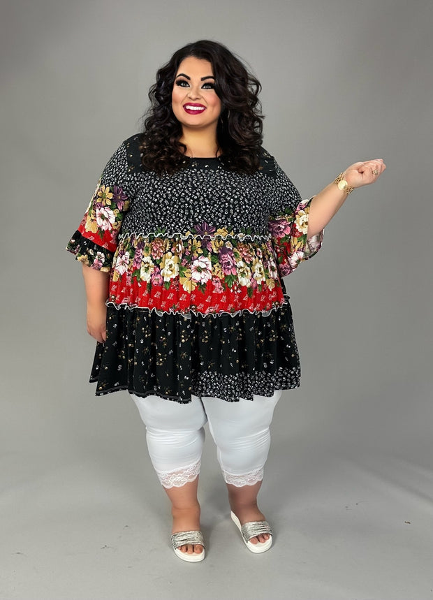 45 CP {Around The Garden} Black Multi Floral Tiered Tunic EXTENDED PLUS SIZE 3X 4X 5X