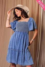100 SSS {Pure Charm} Denim Smocked A-Line Dress PLUS SIZE 1X 2X 3X