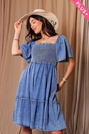 100 SSS {Pure Charm} Denim Smocked A-Line Dress PLUS SIZE 1X 2X 3X