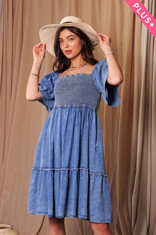 100 SSS {Pure Charm} Denim Smocked A-Line Dress PLUS SIZE 1X 2X 3X