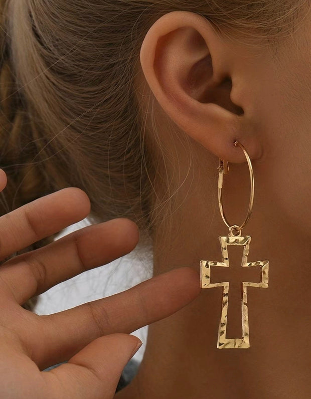 EAR {Cross Is Life} Gold Dangle Cross Hoop Earrings
