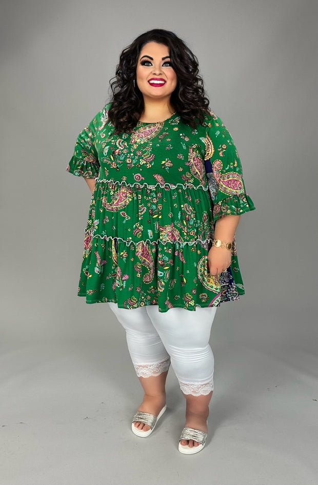 46 PSS {Lucky Days} Green Pink Paisley Tiered Tunic EXTENDED PLUS SIZE 3X 4X 5X