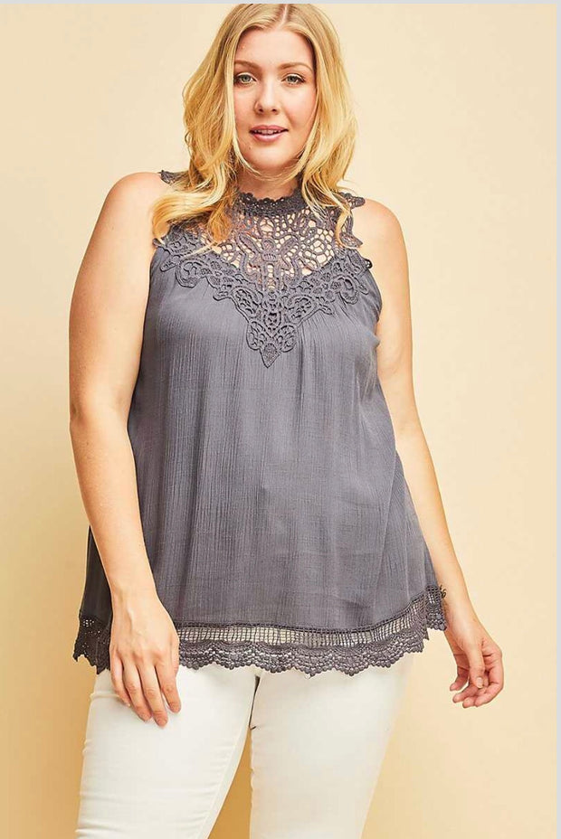 SV-M {Perfect View} Slate Sleeveless Top with Crochet Detail PLUS SIZE