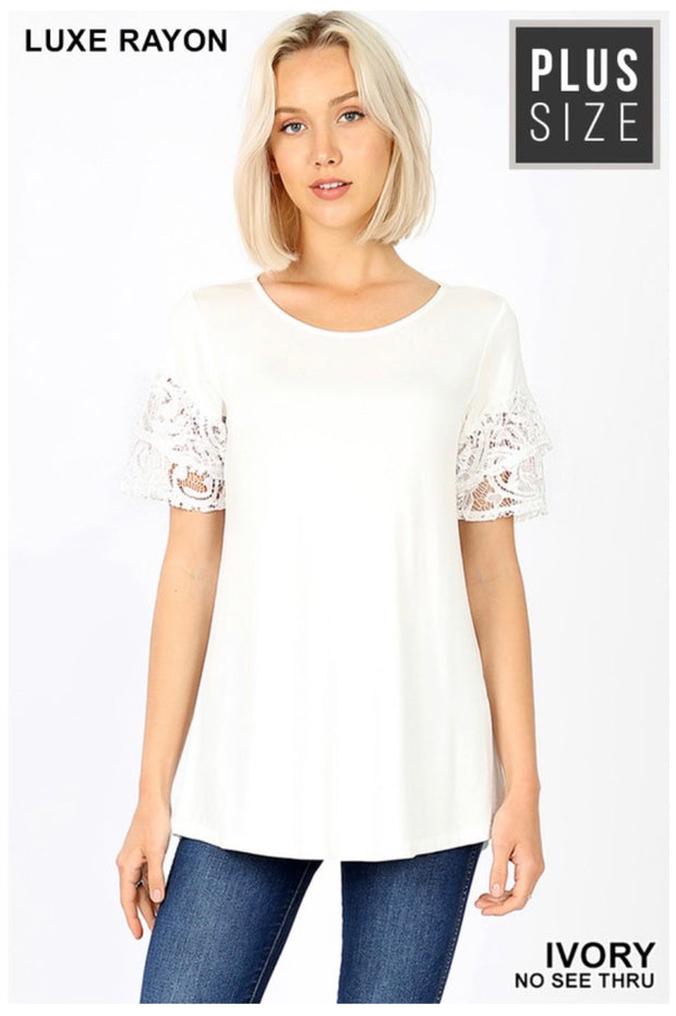 SD-M (Always Pretty) Ivory Tunic With Double Ruffle Lace Sleeves PLUS SIZE 1X 2X 3X