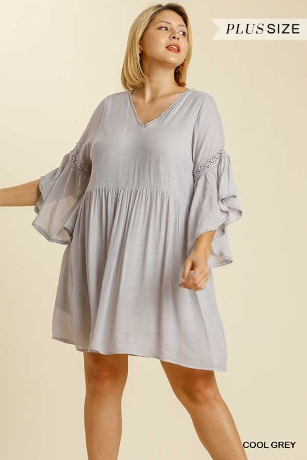 64 SQ-P {Let The Trumpet Play} "UMGEE" COOL GREY Dress with Trumpet Sleeves PLUS SIZE XL 1X 2X