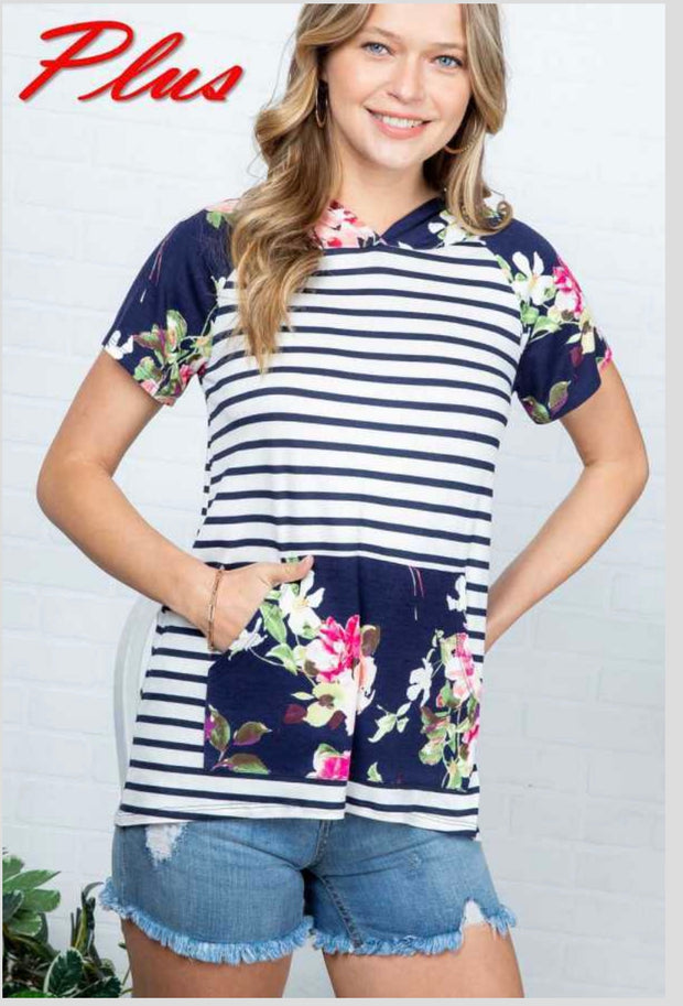 66 CP-K {Focus On Me} Navy Floral Striped Contrast Hoodie PLUS SIZE 1X 2X 3X