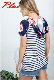 66 CP-K {Focus On Me} Navy Floral Striped Contrast Hoodie PLUS SIZE 1X 2X 3X