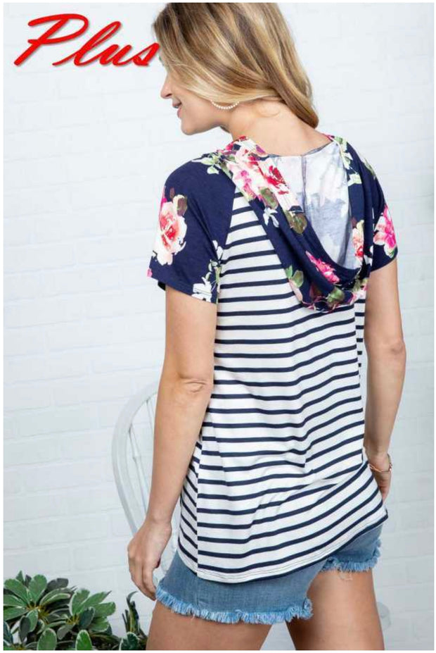 66 CP-K {Focus On Me} Navy Floral Striped Contrast Hoodie PLUS SIZE 1X 2X 3X