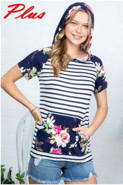 66 CP-K {Focus On Me} Navy Floral Striped Contrast Hoodie PLUS SIZE 1X 2X 3X