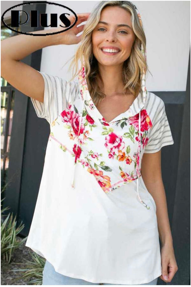66 CP-B {Sweet Memories} Ivory Floral Contrast Hoodie PLUS SIZE 1X 2X 3X