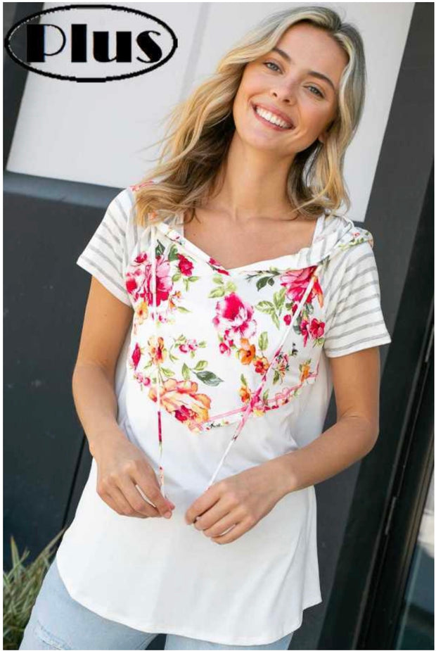 66 CP-B {Sweet Memories} Ivory Floral Contrast Hoodie PLUS SIZE 1X 2X 3X