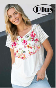 66 CP-B {Sweet Memories} Ivory Floral Contrast Hoodie PLUS SIZE 1X 2X 3X