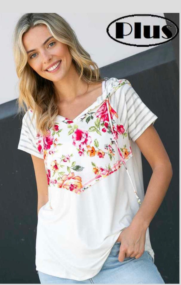 66 CP-B {Sweet Memories} Ivory Floral Contrast Hoodie PLUS SIZE 1X 2X 3X