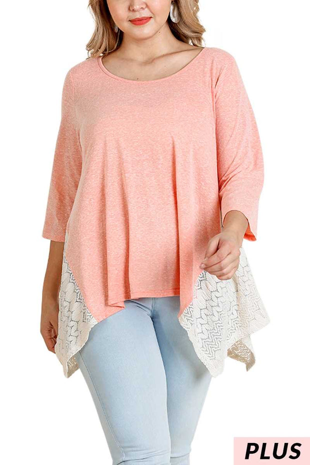 SD-T (Graceful Sway) UMGEE Peach Tunic W/ Crochet Detail PLUS SIZE XL, 1X, 2X