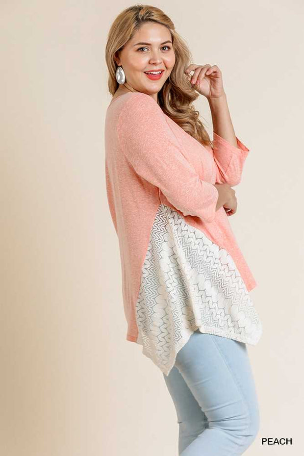 SD-T (Graceful Sway) UMGEE Peach Tunic W/ Crochet Detail PLUS SIZE XL, 1X, 2X