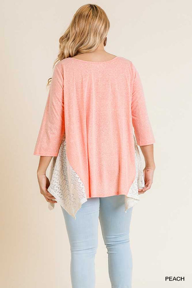 SD-T (Graceful Sway) UMGEE Peach Tunic W/ Crochet Detail PLUS SIZE XL, 1X, 2X