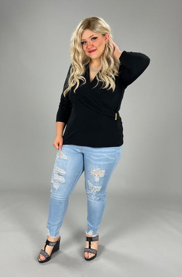 SQ-A  M-109  {Charter Club} Black Faux-Wrap Top Retail $ 49.50 PLUS SIZE 1X