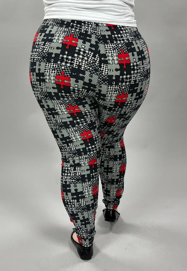 LEG-87 {Puzzled} Gray/Red Puzzle Print Leggings EXTENDED PLUS SIZE 3X/5X