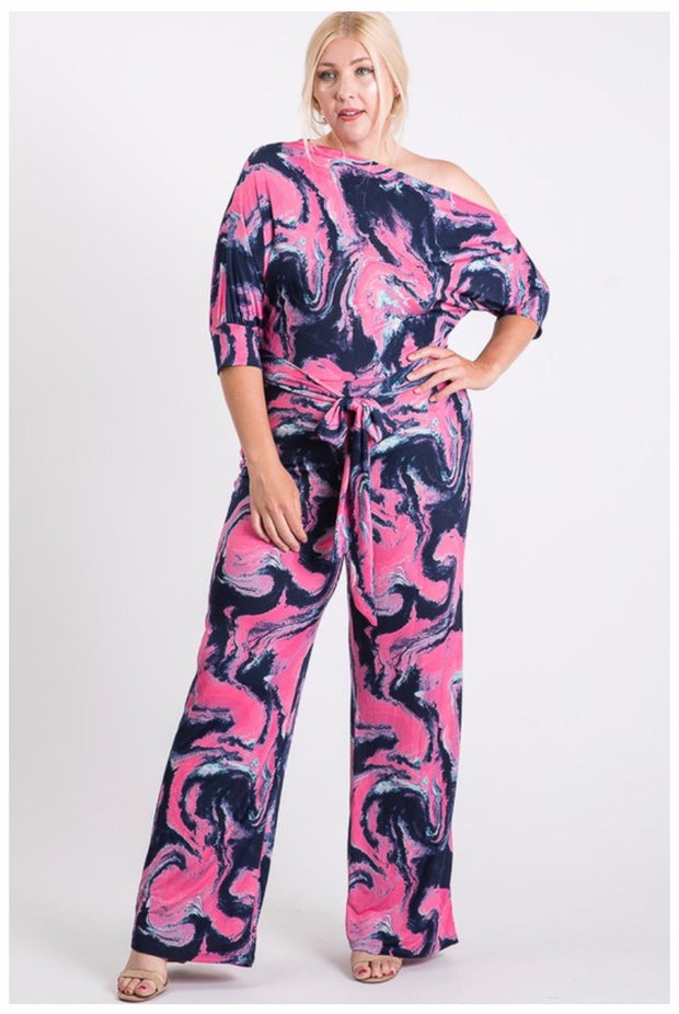 RP-G {Dazzling Nights} Pink/Navy One Shoulder Down Romper