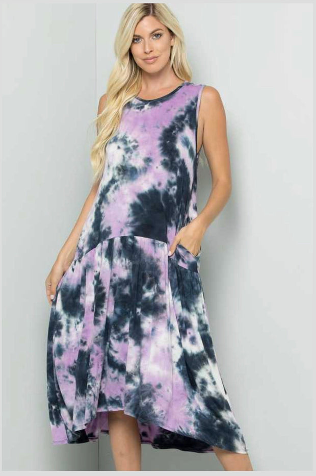 LD-B {Calming Vibes} Navy/Lavender Tie Dye Sleeveless Dress PLUS SIZE 1X 2X 3X